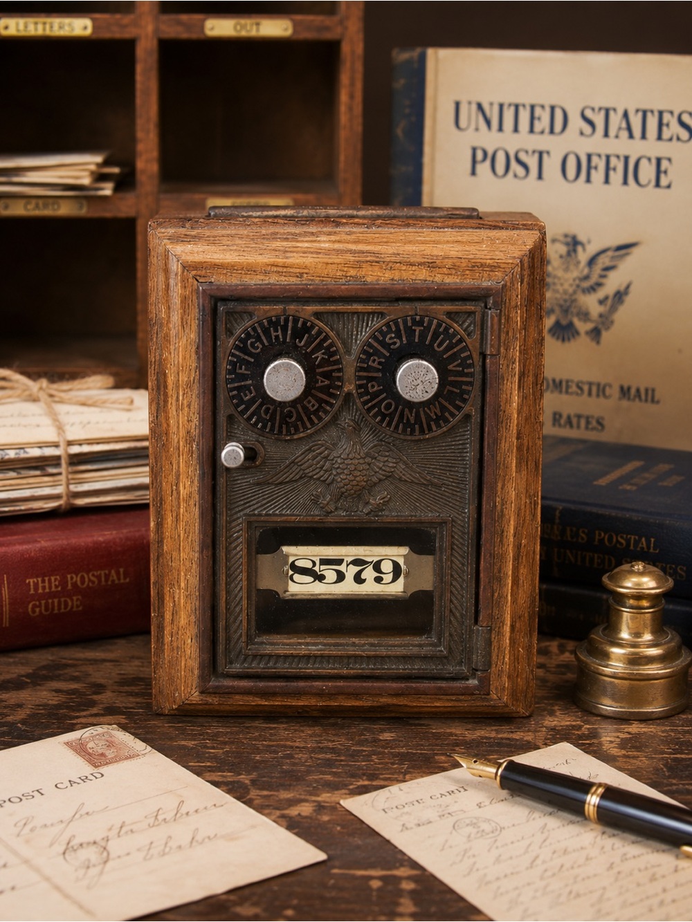 Vintage Post Office Lock Box Coin Bank Wood Brass Continental Gum Mailbox